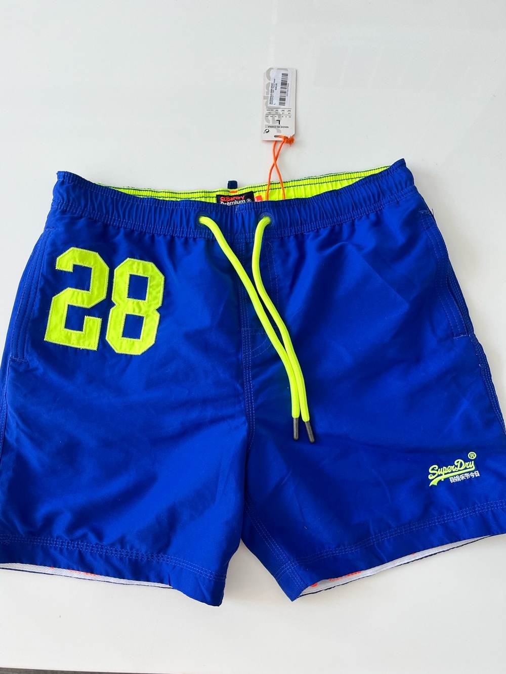 Superdry Men’s Royal Blue Swim Trunks with Neon Yellow Accents